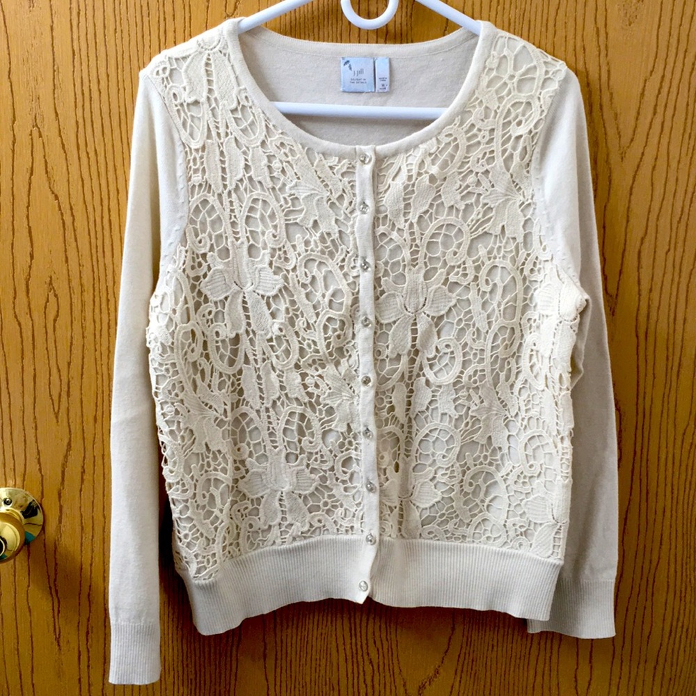 J. Jill Cream Cardigan Embroidered Medium Petite